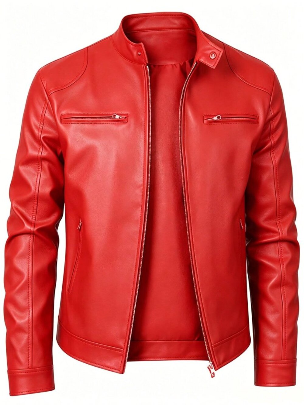 Red Biker Men's Lightweight Stand Collar Jacket - Picture 1 of 7